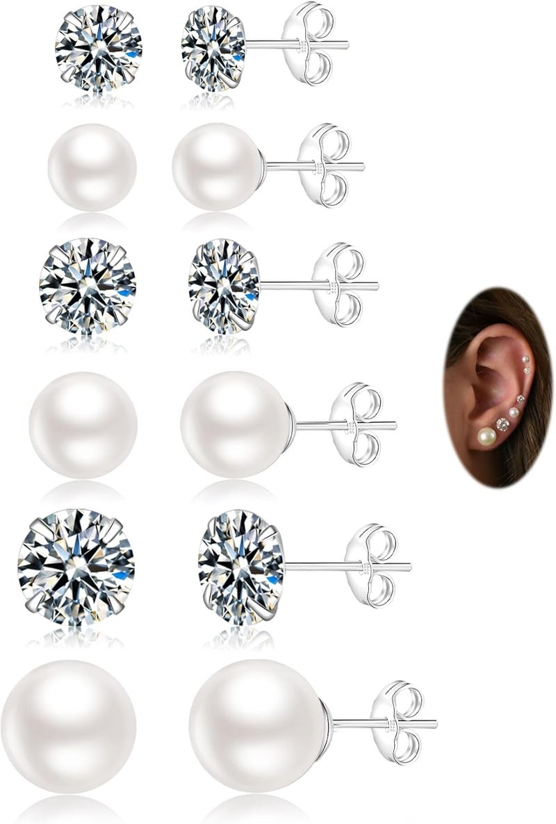 Senteria 925 Sterling Silver Pearl Earrings Studs Set Hypoallergenic Small Stud Earrings Lightweight Shiny Earrings Studs for Women 6 Pairs 3-10MM - Image 1